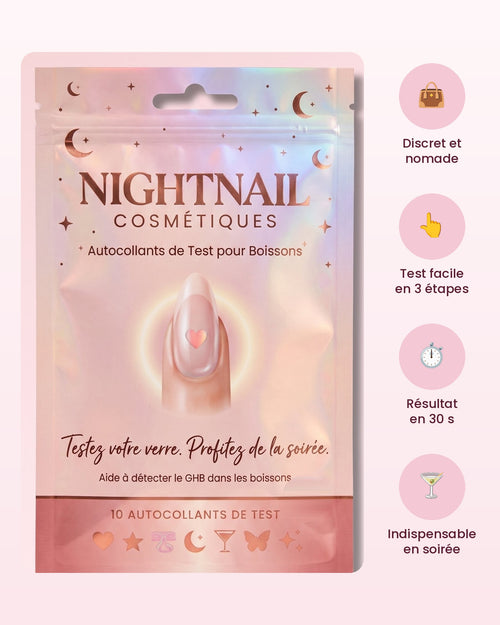 Paquet NightNail avec ses 4 avantages : discret, résultat rapide, 10 autocollants, livraison offerte